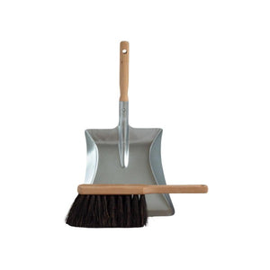 Metal dustpan and wooden natural fibre brush